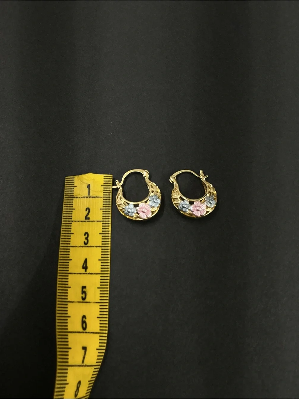 18 k. Gold filled Floral Hoop Earrings with Pink and Light Blue Enamel Flowers